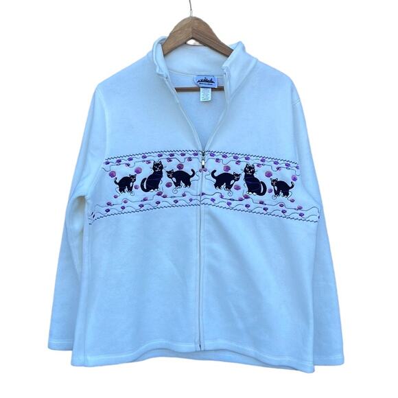 Metropolitan white fleece full zip lighweight jacket cat print size large 44/46 - Picture 1 of 7